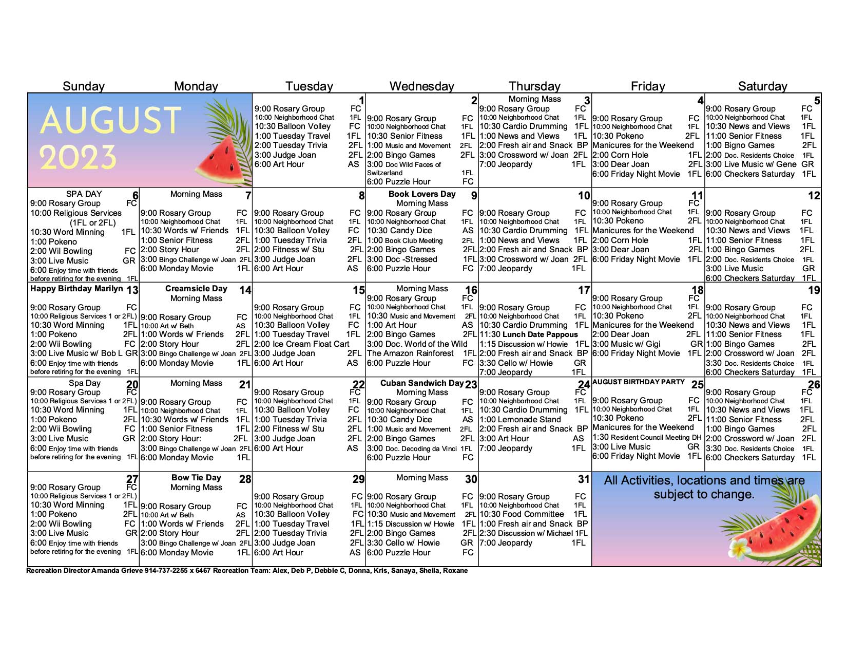 Activity Calendars Yorktown Assisted Living Residence